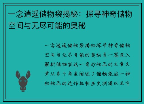 一念逍遥储物袋揭秘：探寻神奇储物空间与无尽可能的奥秘